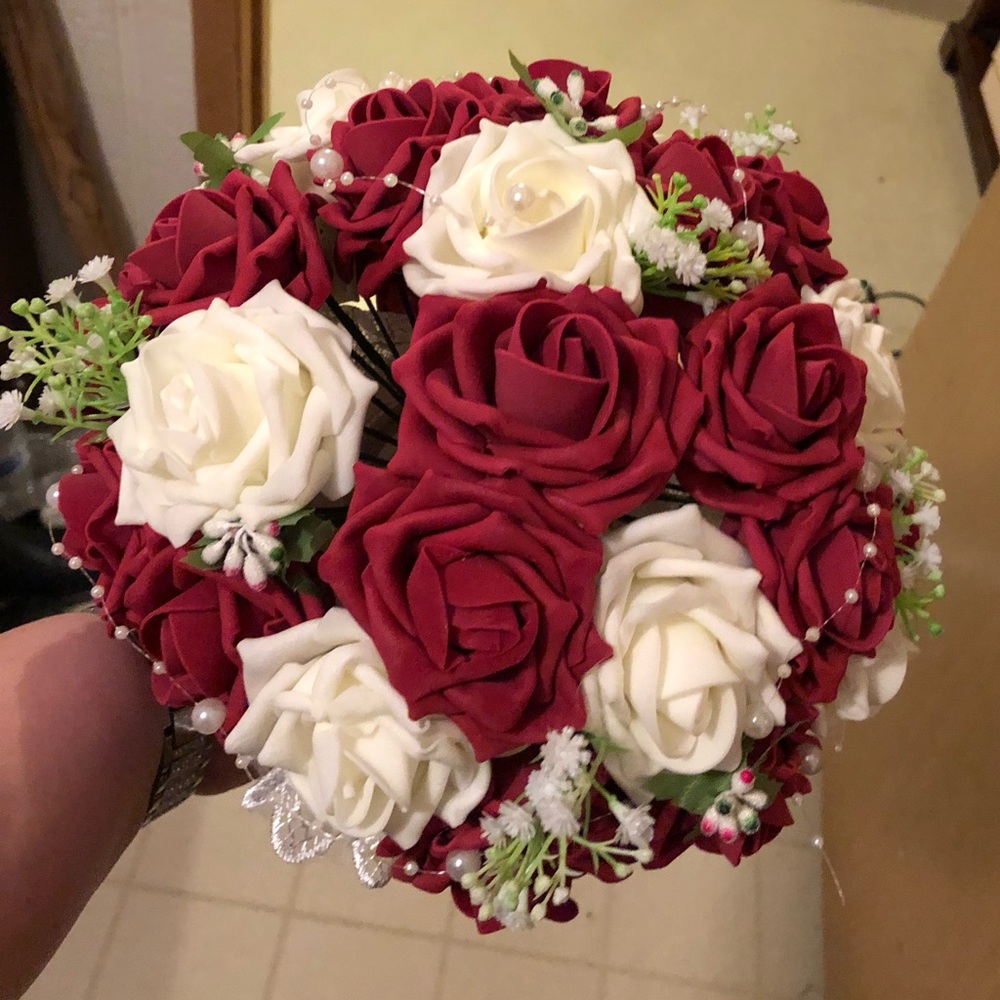 Red and White Artificial Wedding Bouquet - Picture 2 of 4